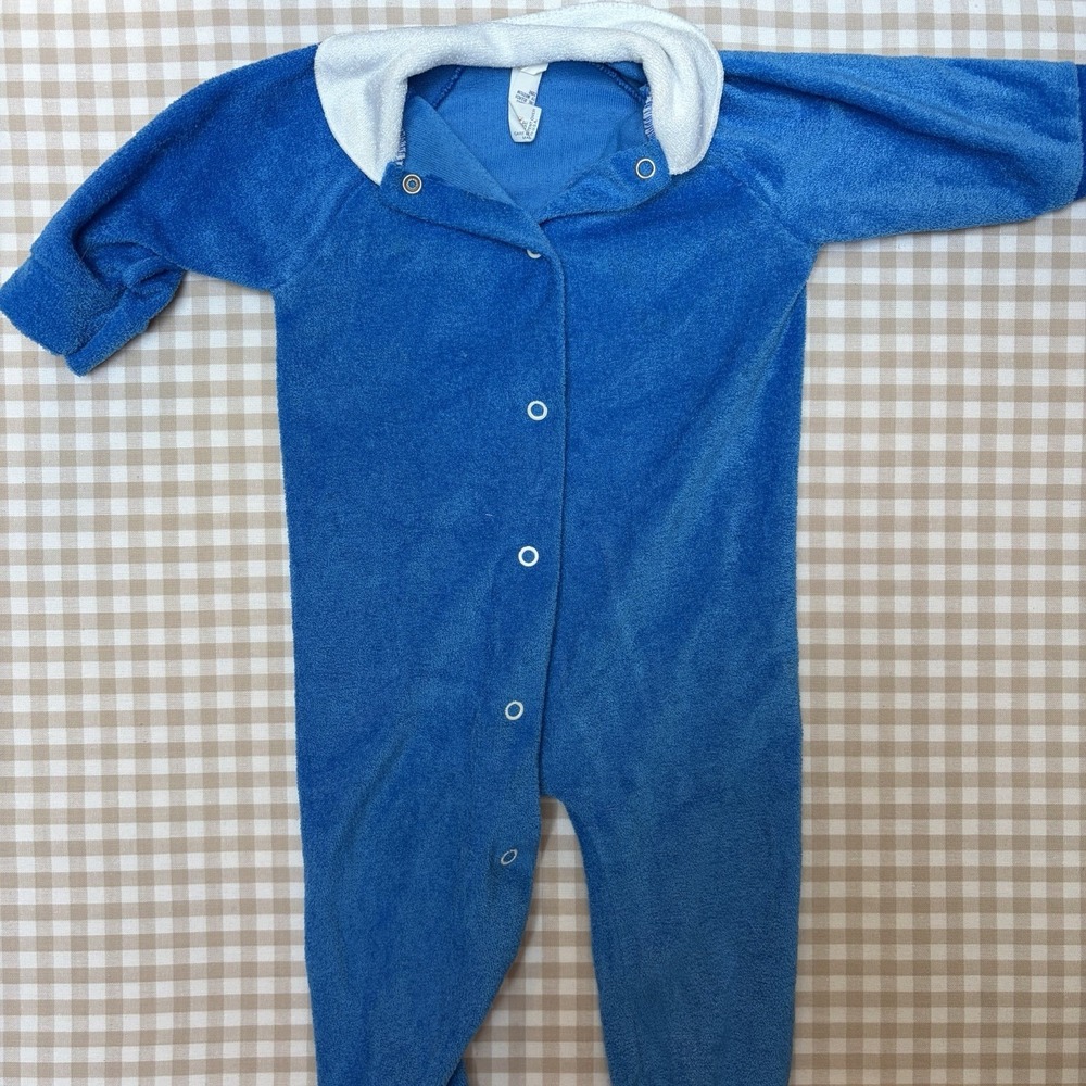 Kent Vintage Footed Sleeper 24M Blue White Velour Collared FLAW